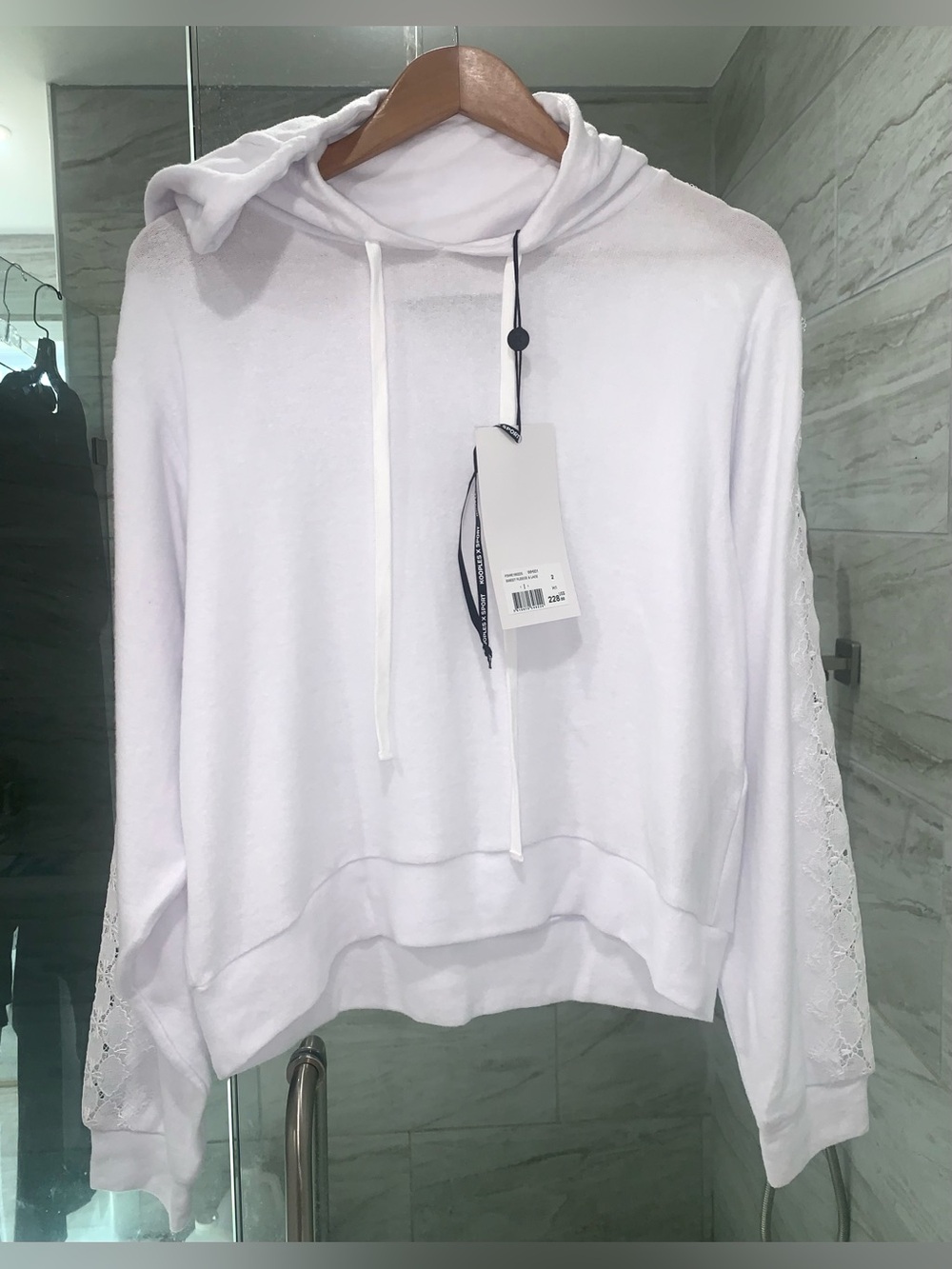 The KOOPLES $228 NWT White Hooded Pullover Top with Lace-Sleeve Detail, Size M